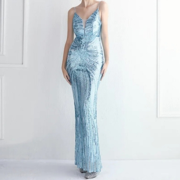 Blue, Geo Print, Sleeveless, Beaded Draped Back, V Neck, Sequined Merma… - Picture 5 of 16